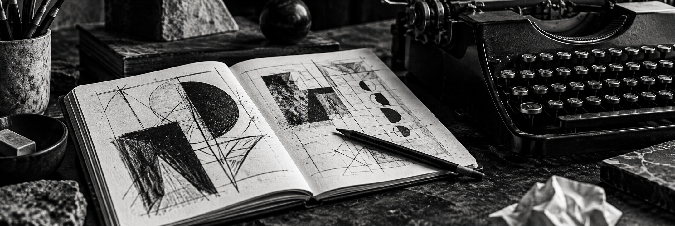 Cuaderno de bocetos y máquina de escribir